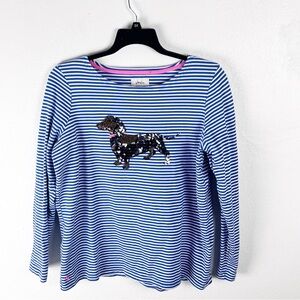 JOULES 100% Cotton Blue White Stripe Long Sleeves Sequin Dog Graphic Top Size 14